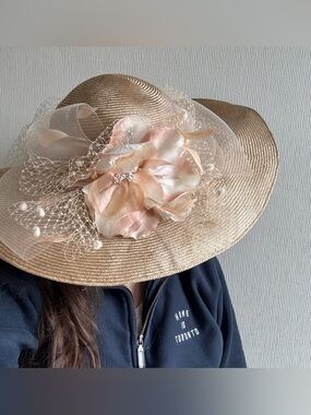 Custom Made Millinery Blush Straw Hat with Peony Kentucky Derby, Bridal Shower,